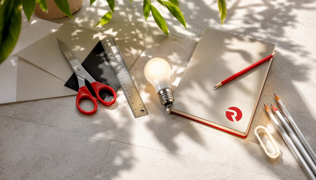 Overhead flat-lay of creative marketing supplies and glowing bulb