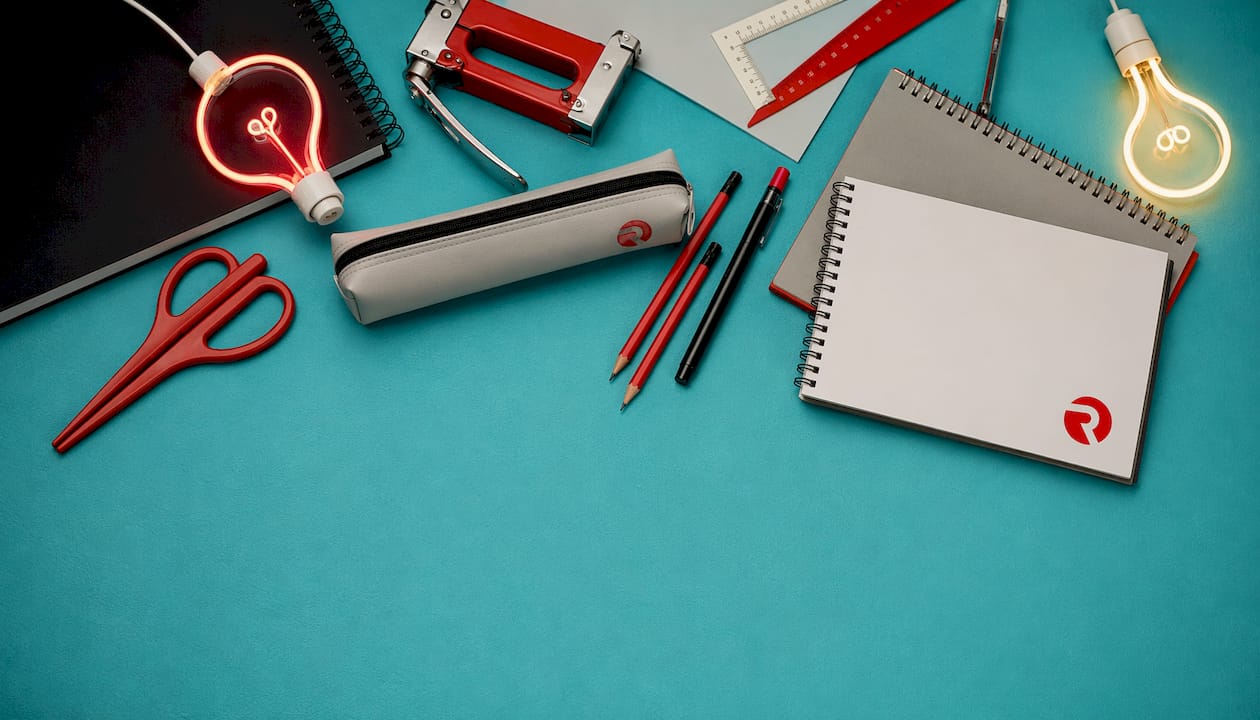 Pop-art style creative office supplies flat lay