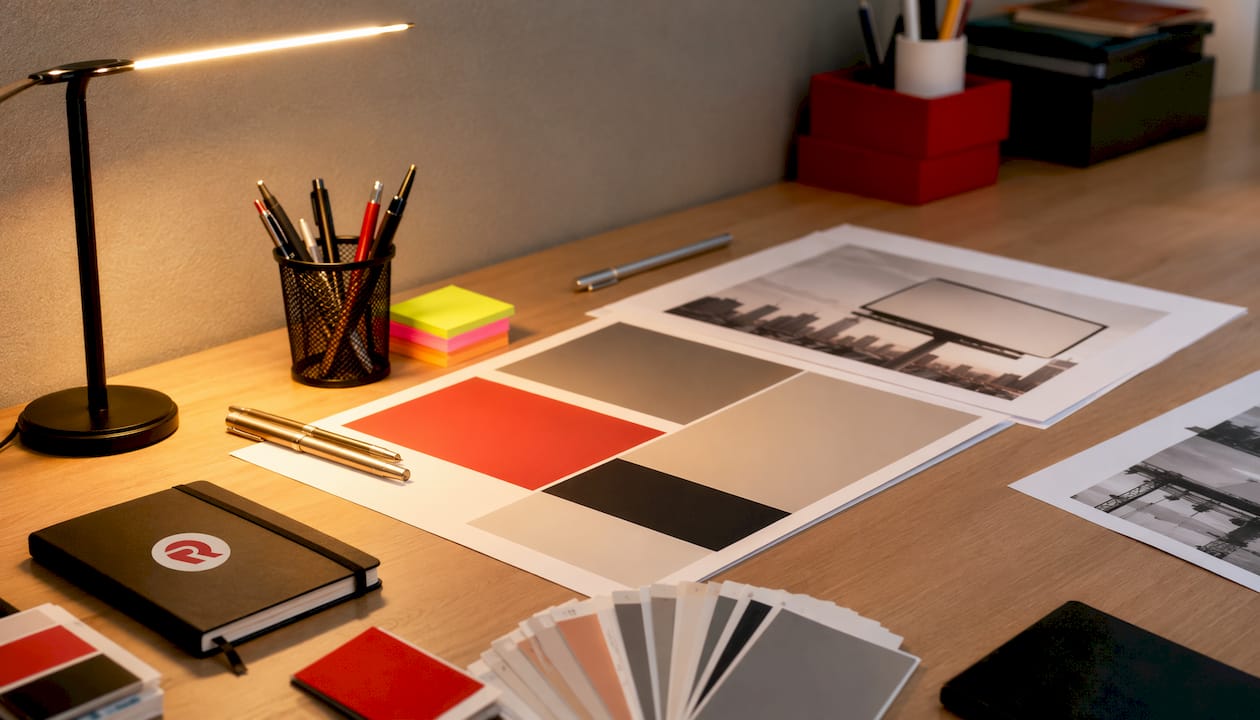 Billboard design planning workspace flat lay
