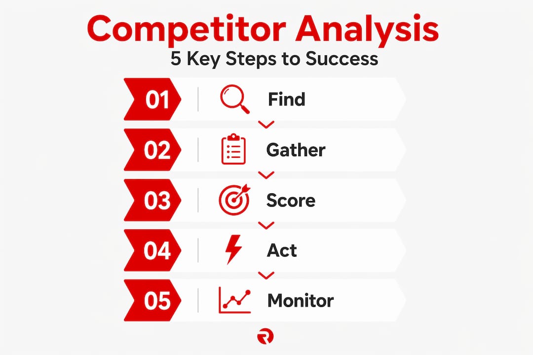 Infographic showing five steps of competitor analysis process