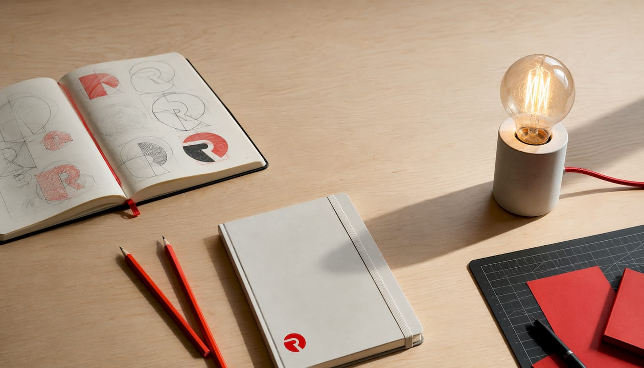 Flat-lay of creative marketing tools and glowing lamp