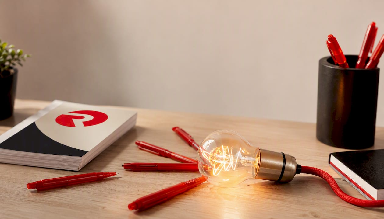 Flat lay with red office items and glowing bulb motif