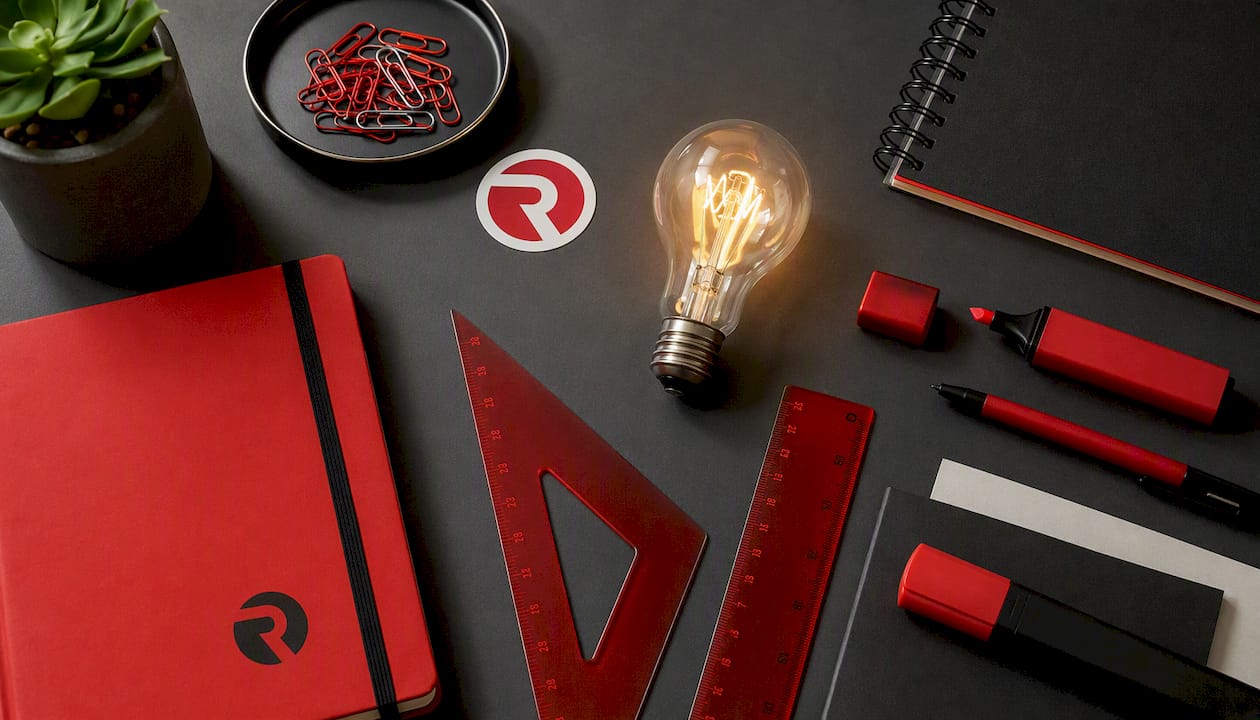 Flat-lay of branded office supplies with glowing bulb