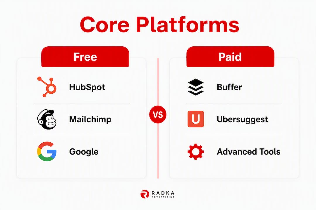 Infographic comparing free and paid digital marketing platforms