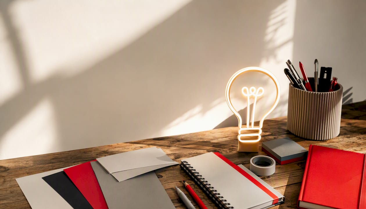 Creative workspace flat-lay with glowing bulb and supplies