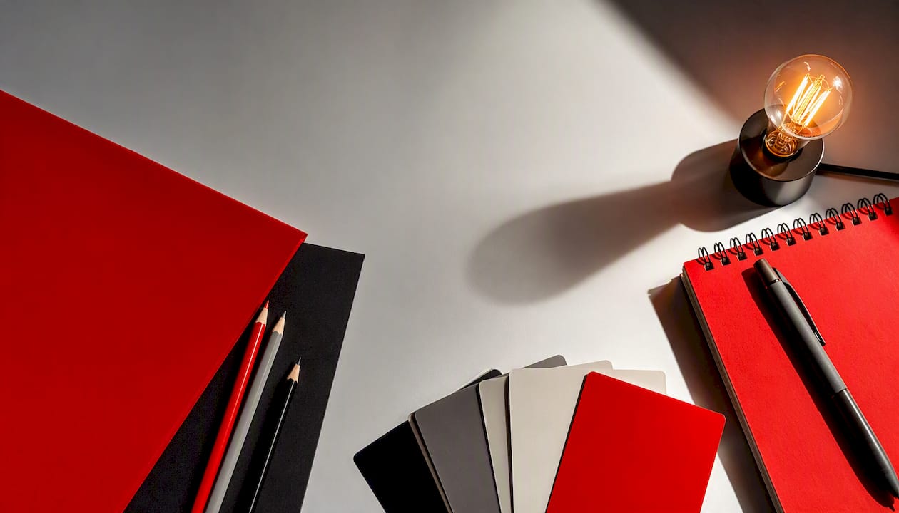 Editorial desk with glowing bulb and branded stationery flat-lay