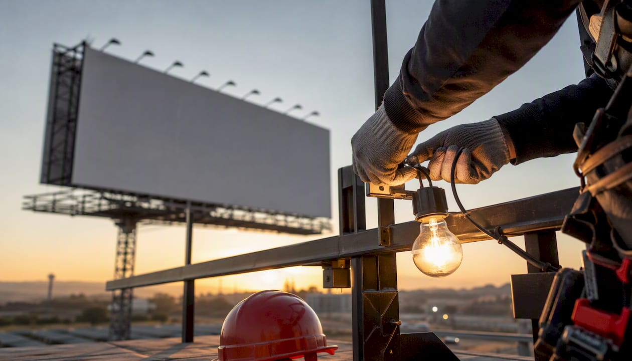 Hands wiring bulb on billboard frame