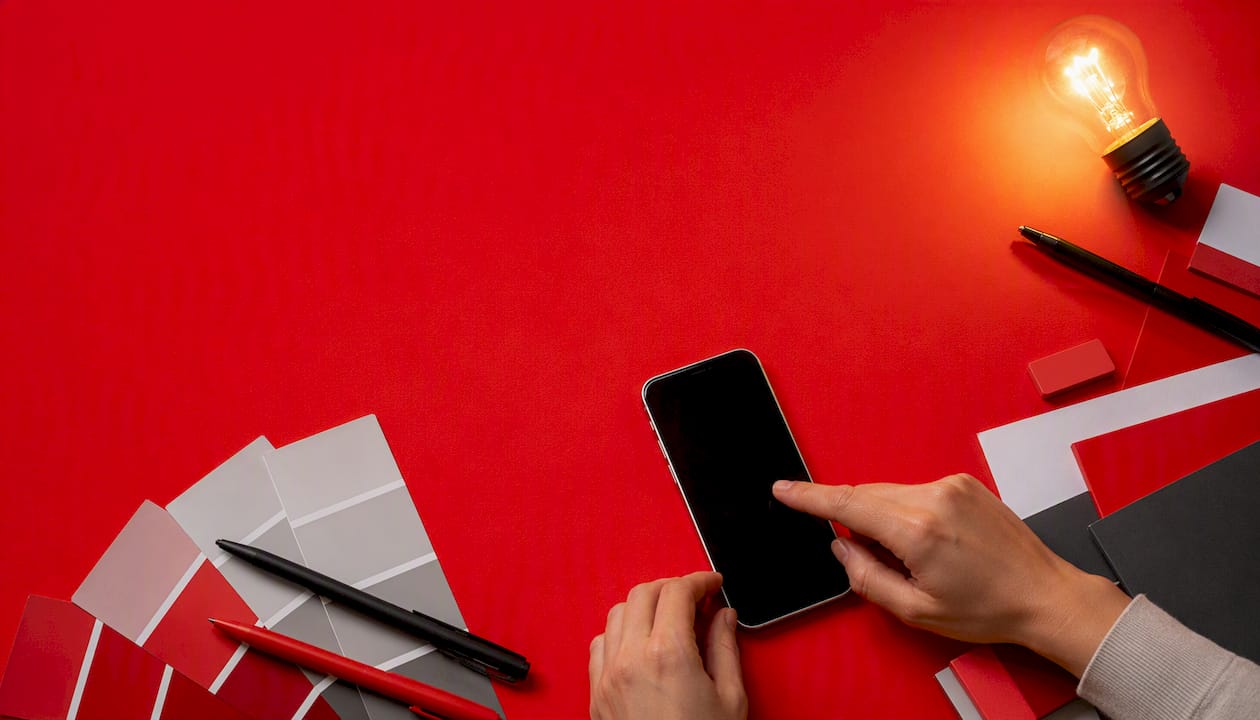 Hand and dark tablet near glowing bulb on desk