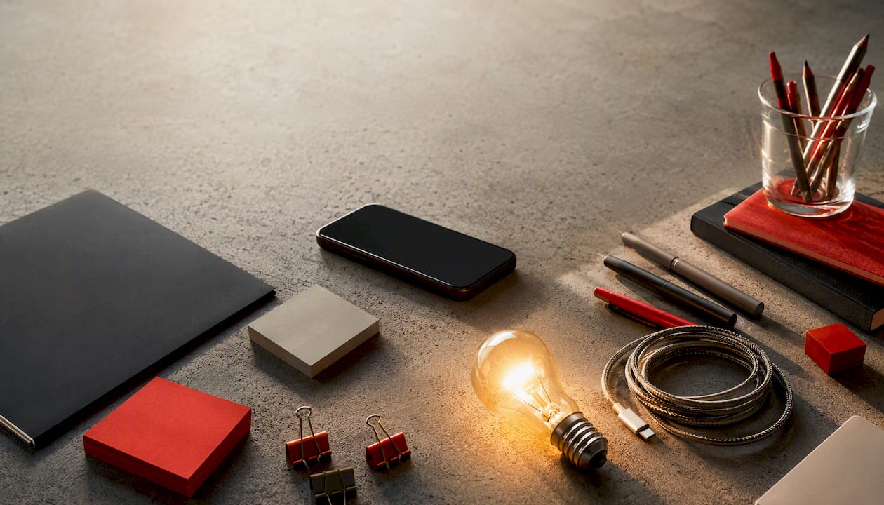 Flat-lay of agency desk with bulb and phone charger