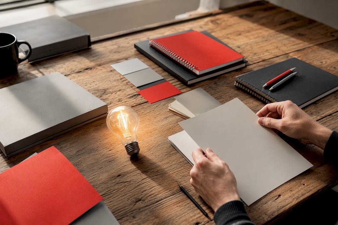 Hands arranging branded workspace with lightbulb
