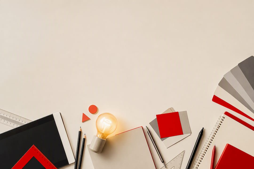 Branded office supplies and glowing bulb on desk