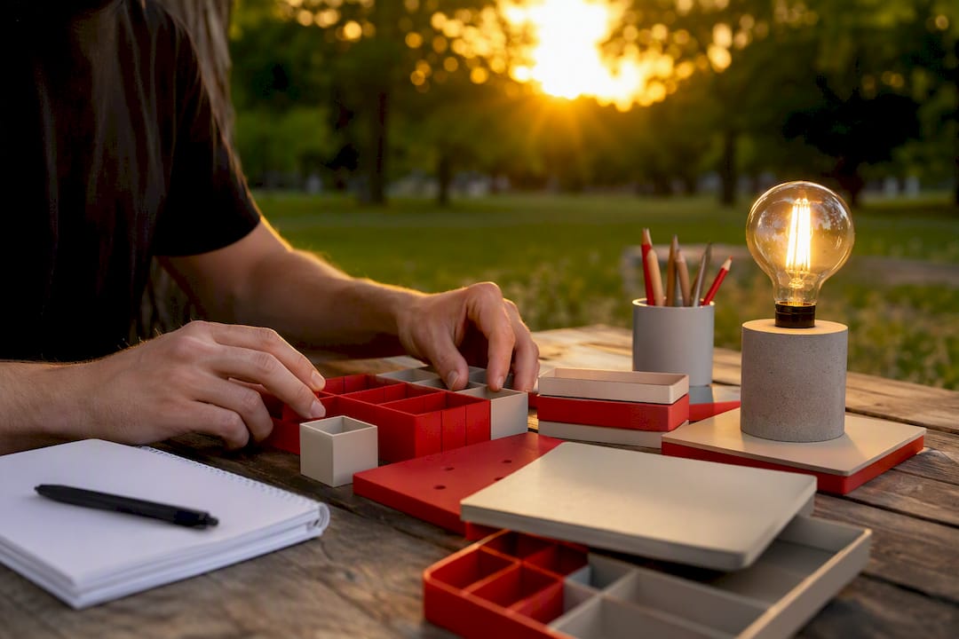 Hands arranging organization tools on desk