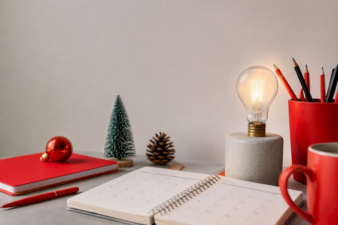 Seasonal marketing calendar with festive props and glowing bulb