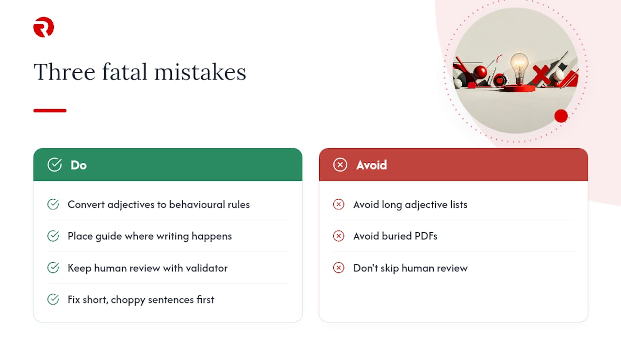Three mistakes that quietly kill a tone of voice guide — overview diagram