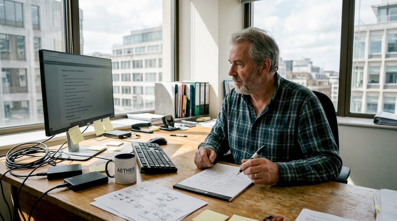 Engineer verifying software deployment checklist in corner office