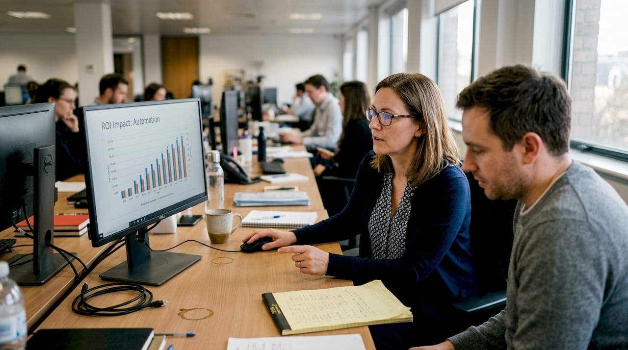 Business analyst viewing automation ROI chart