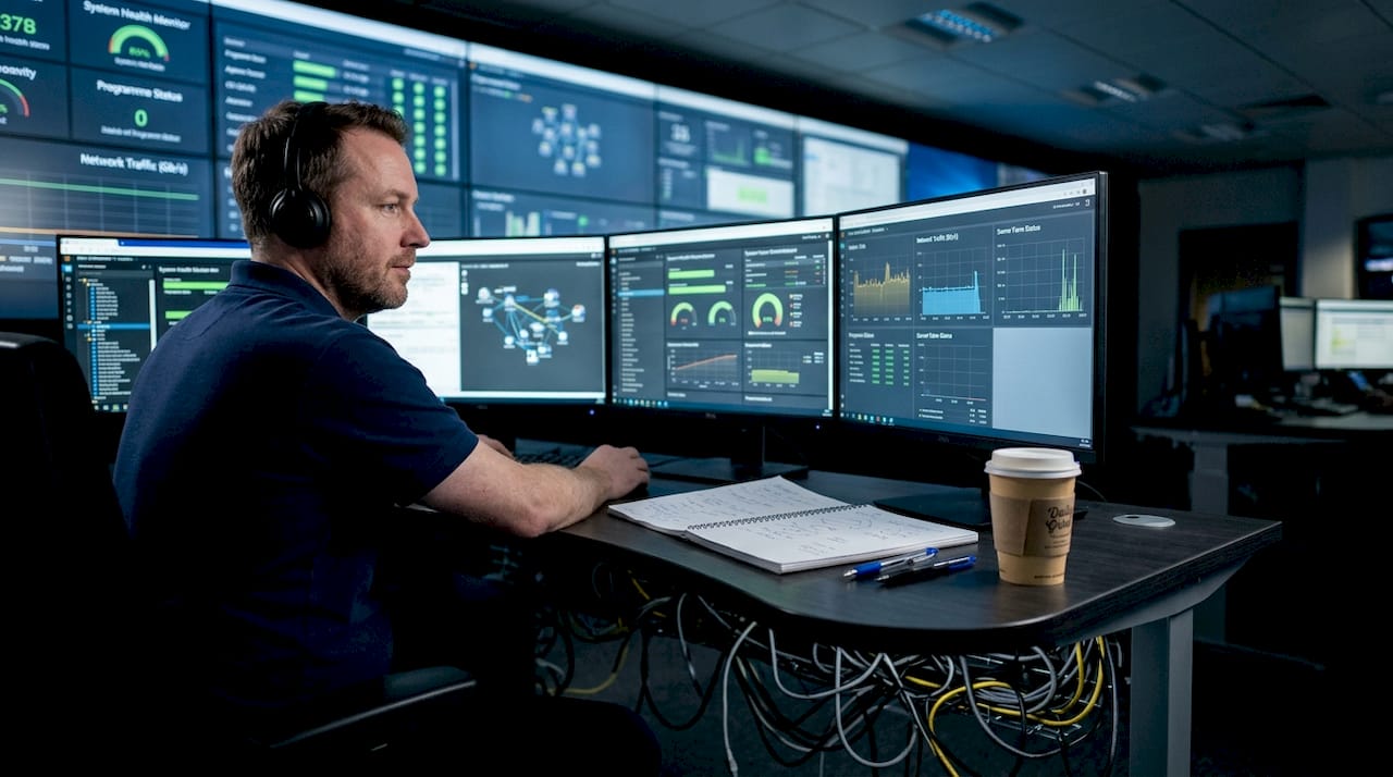 IT technician reviews real-time monitoring displays