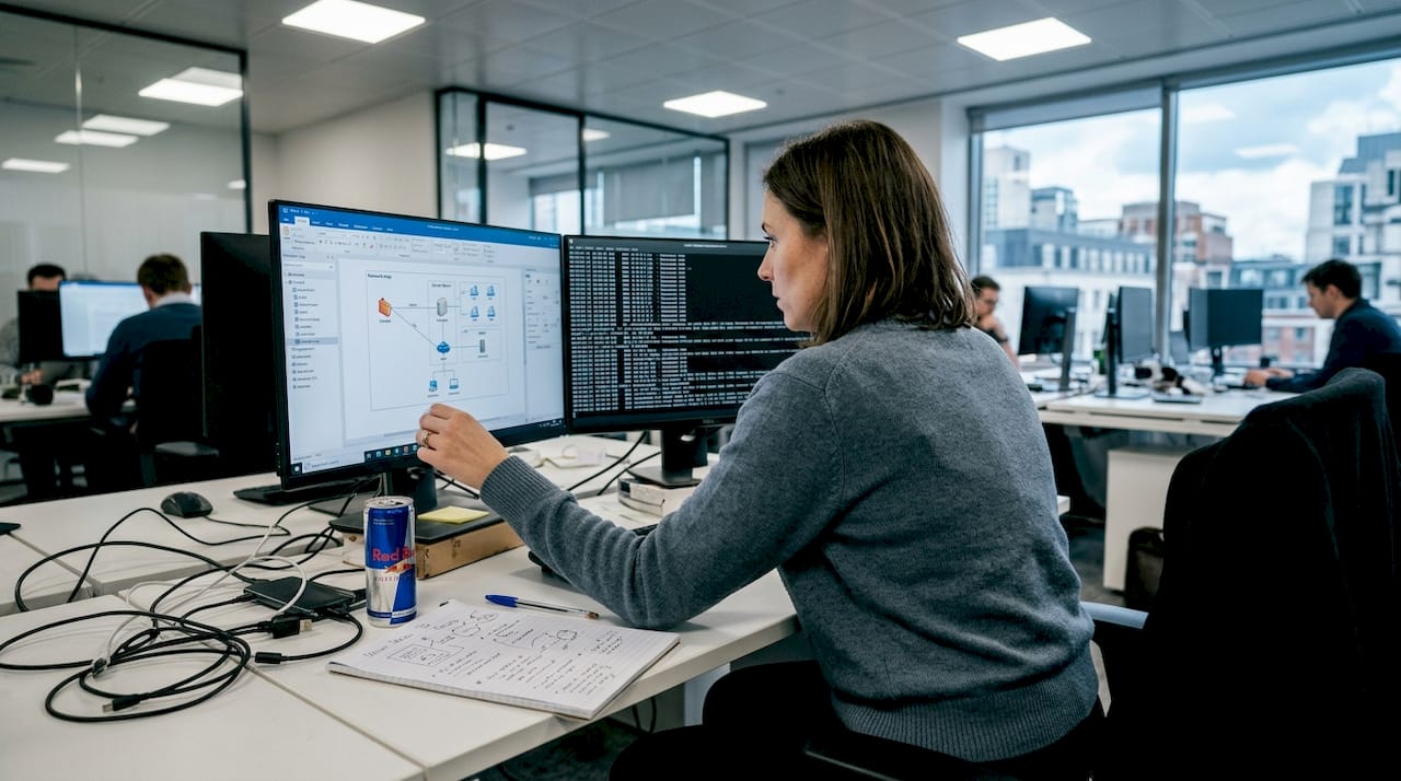 Engineer managing critical systems at office desk