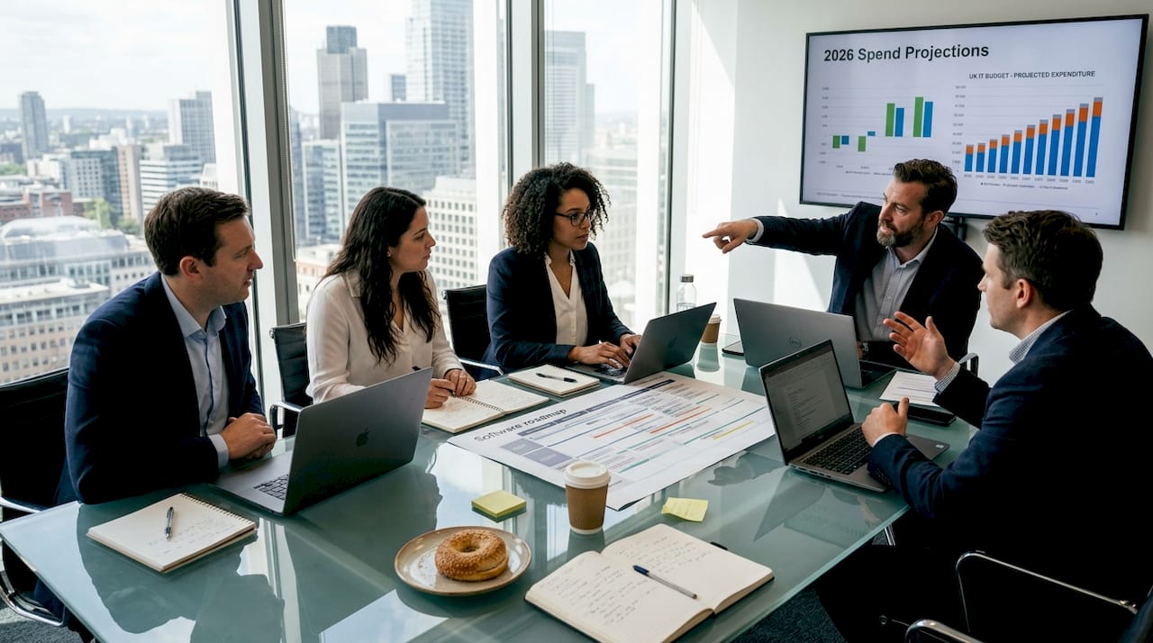 IT executives discussing software strategy in office