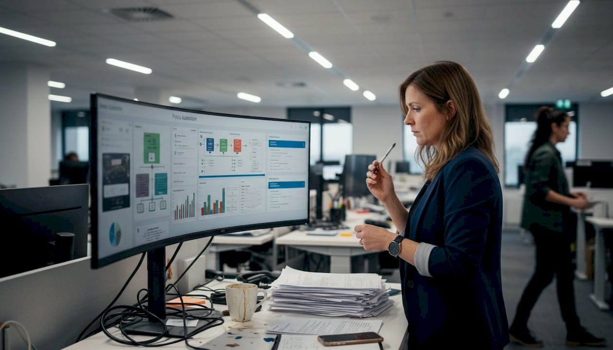 Manager reviews AI dashboard at workspace