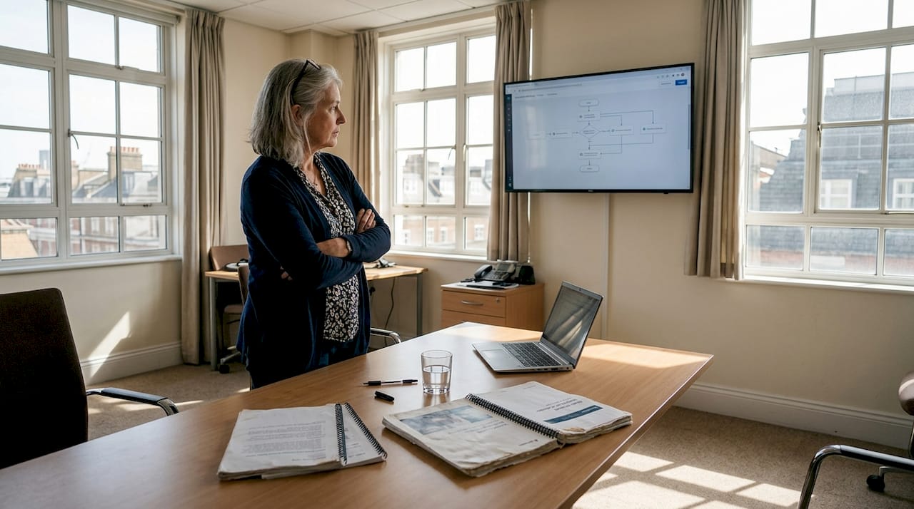 Operations manager reviews automation workflow charts