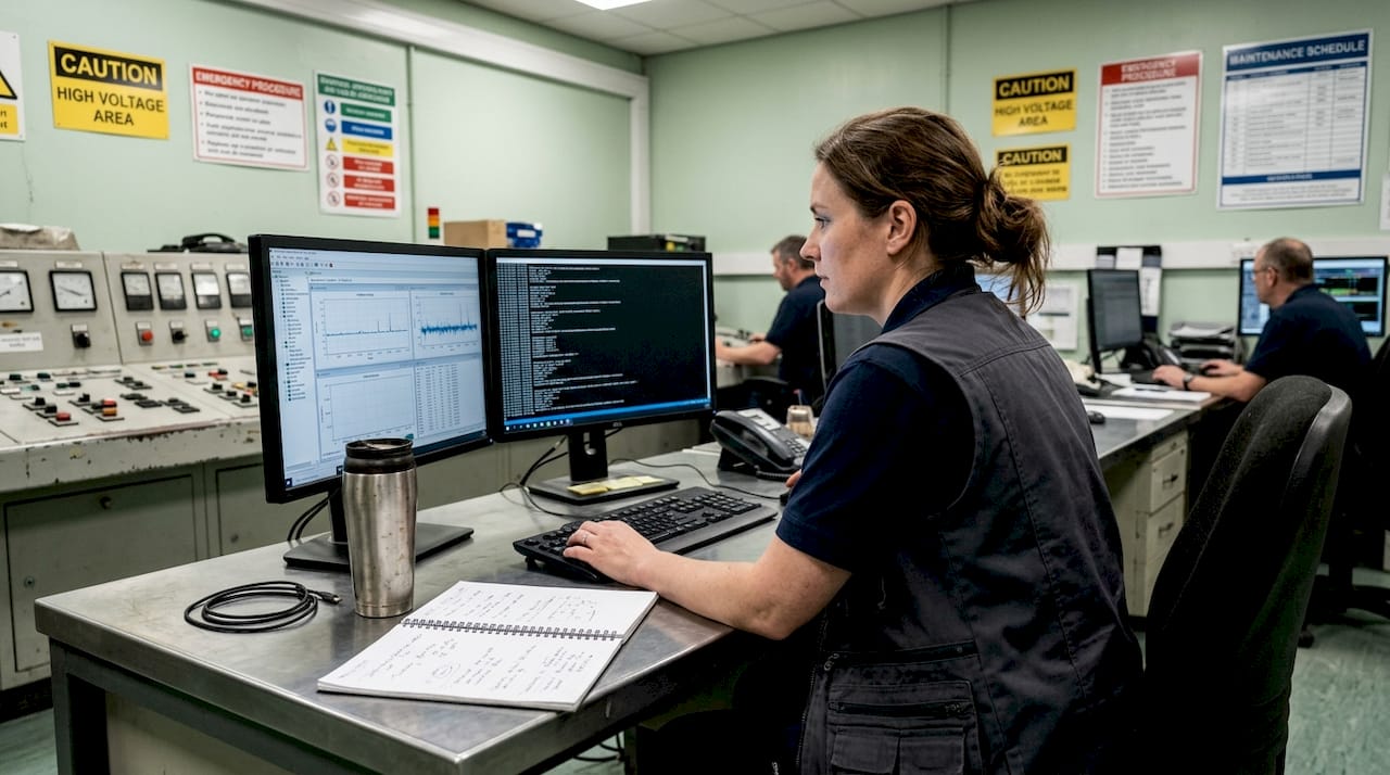 Engineer reviewing control panels and system logs