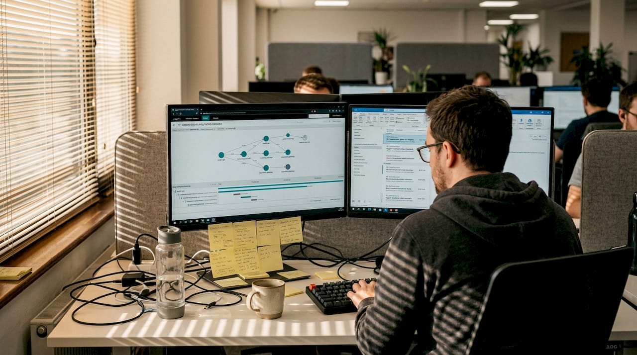 Engineer reviewing microservice tracing diagram
