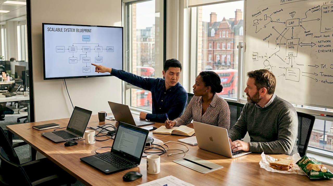 IT team collaborating on software blueprint
