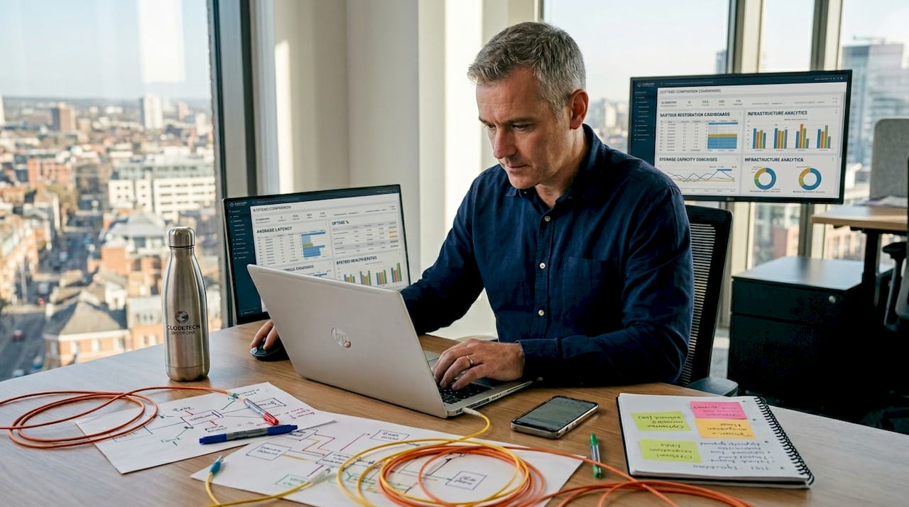 IT manager examining software integration dashboard