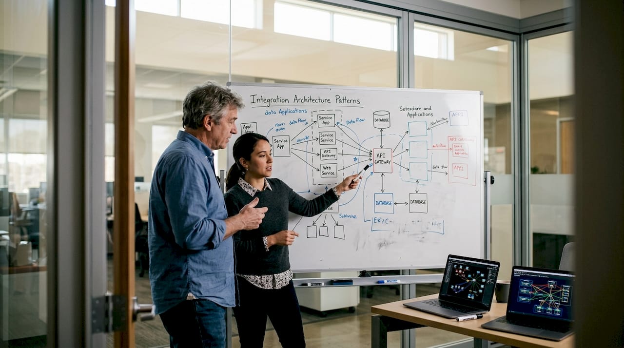 Team brainstorming integration architecture on whiteboard