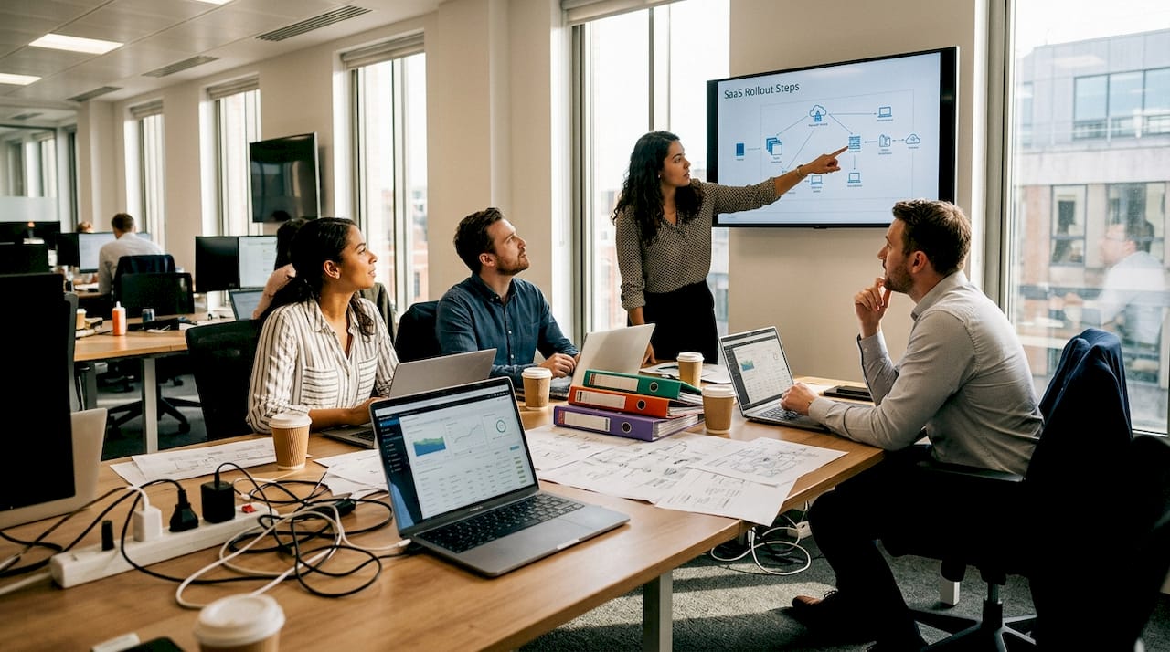 Enterprise team coordinating SaaS deployment