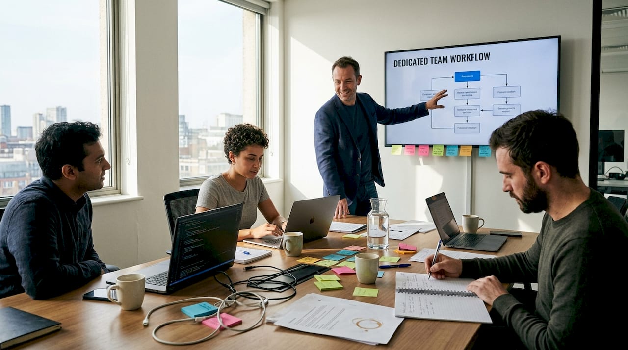 Team collaborating in bright office setting