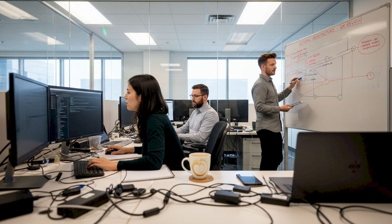 IT team collaborating in real workspace