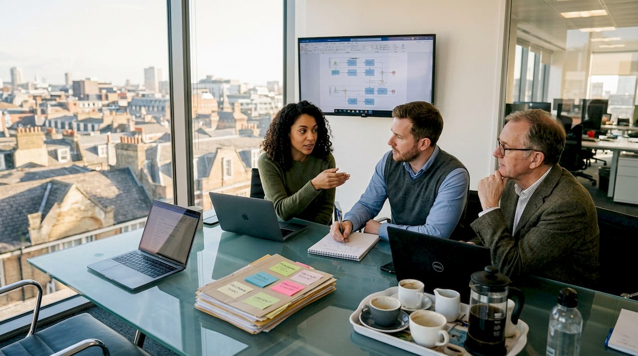 Professionals collaborating on enterprise workflow