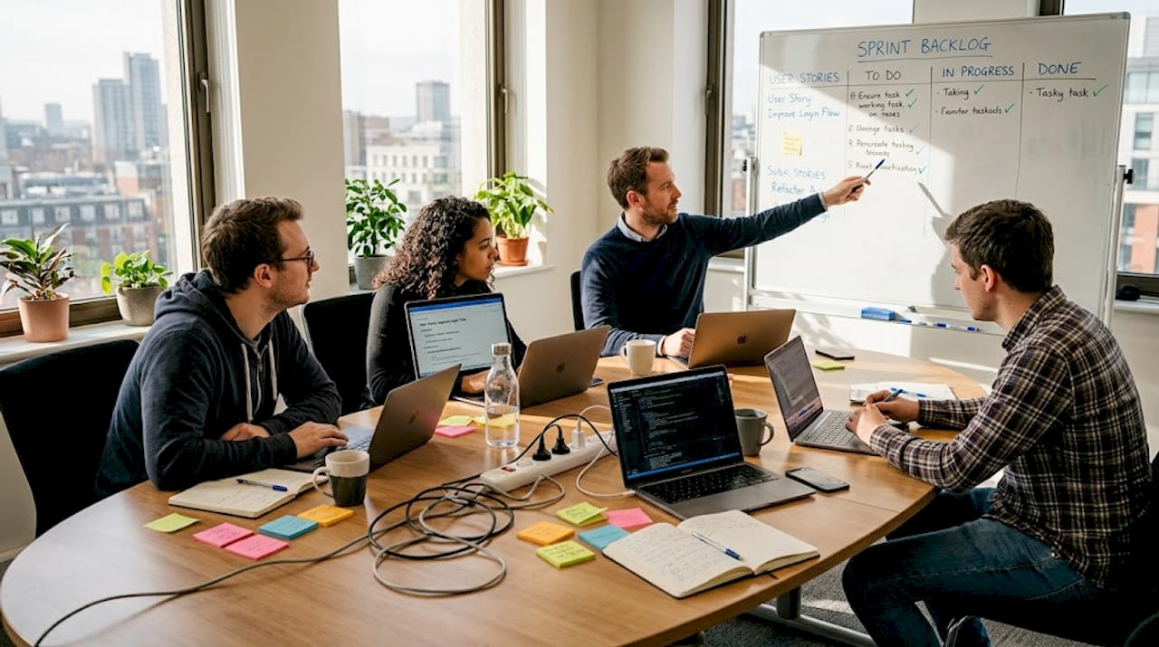 Software team working at conference table with laptops