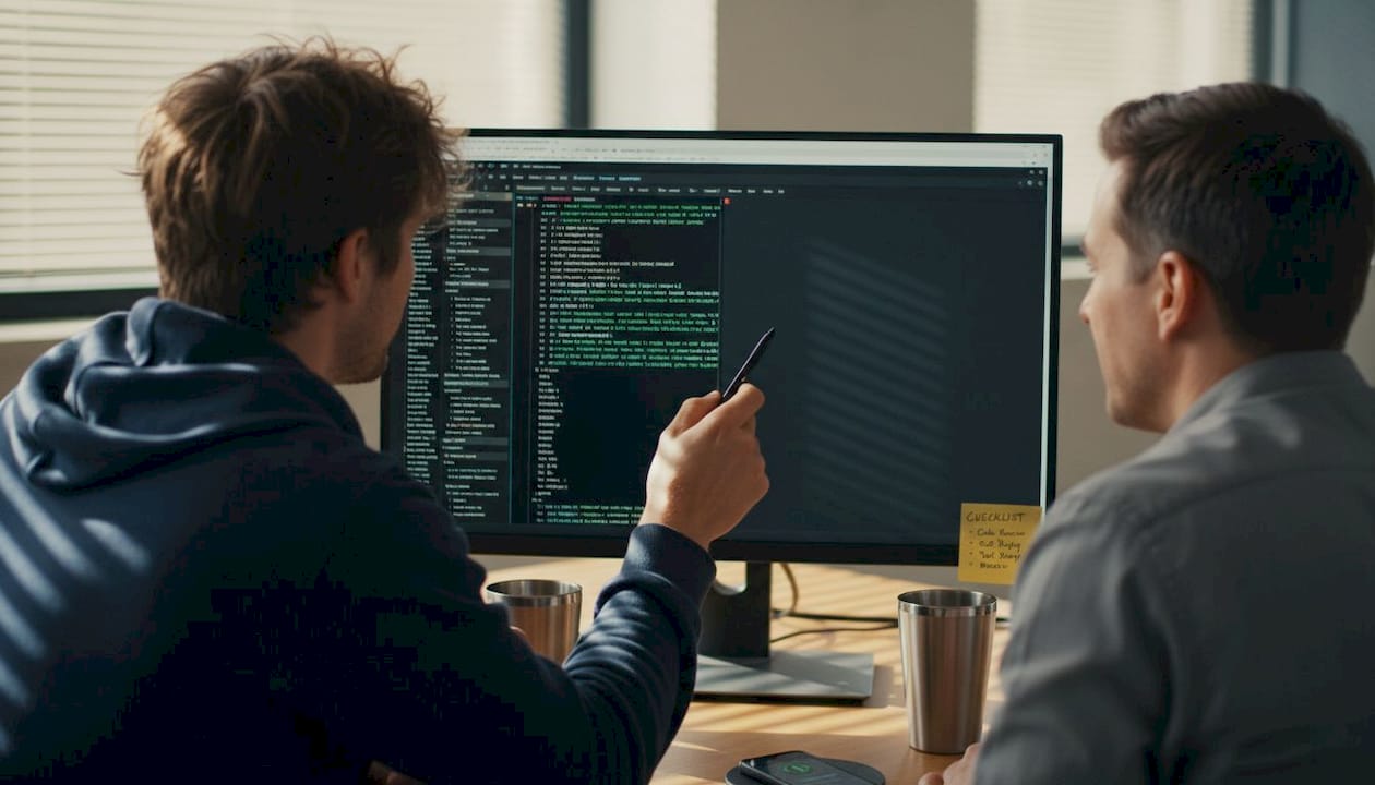 DevOps engineer and operations lead review deployment logs