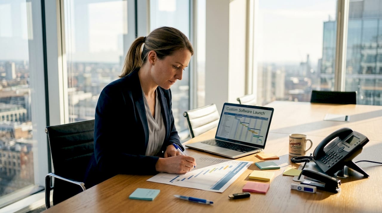 Project manager reviews software plan in office