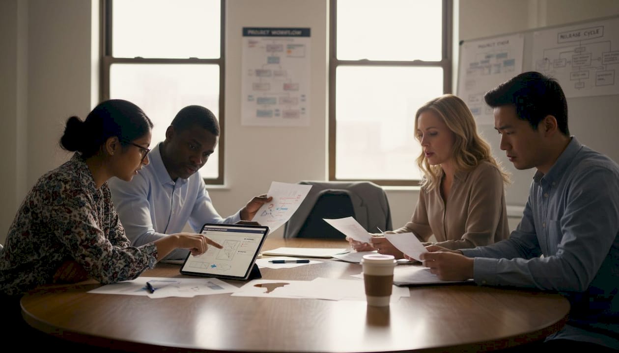 Cross-functional team working through project details