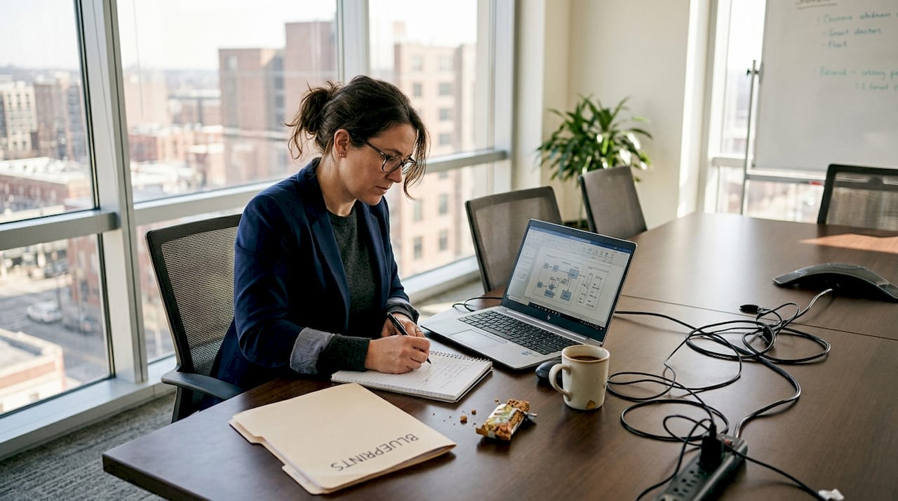 Enterprise architect reviewing diagrams at conference table