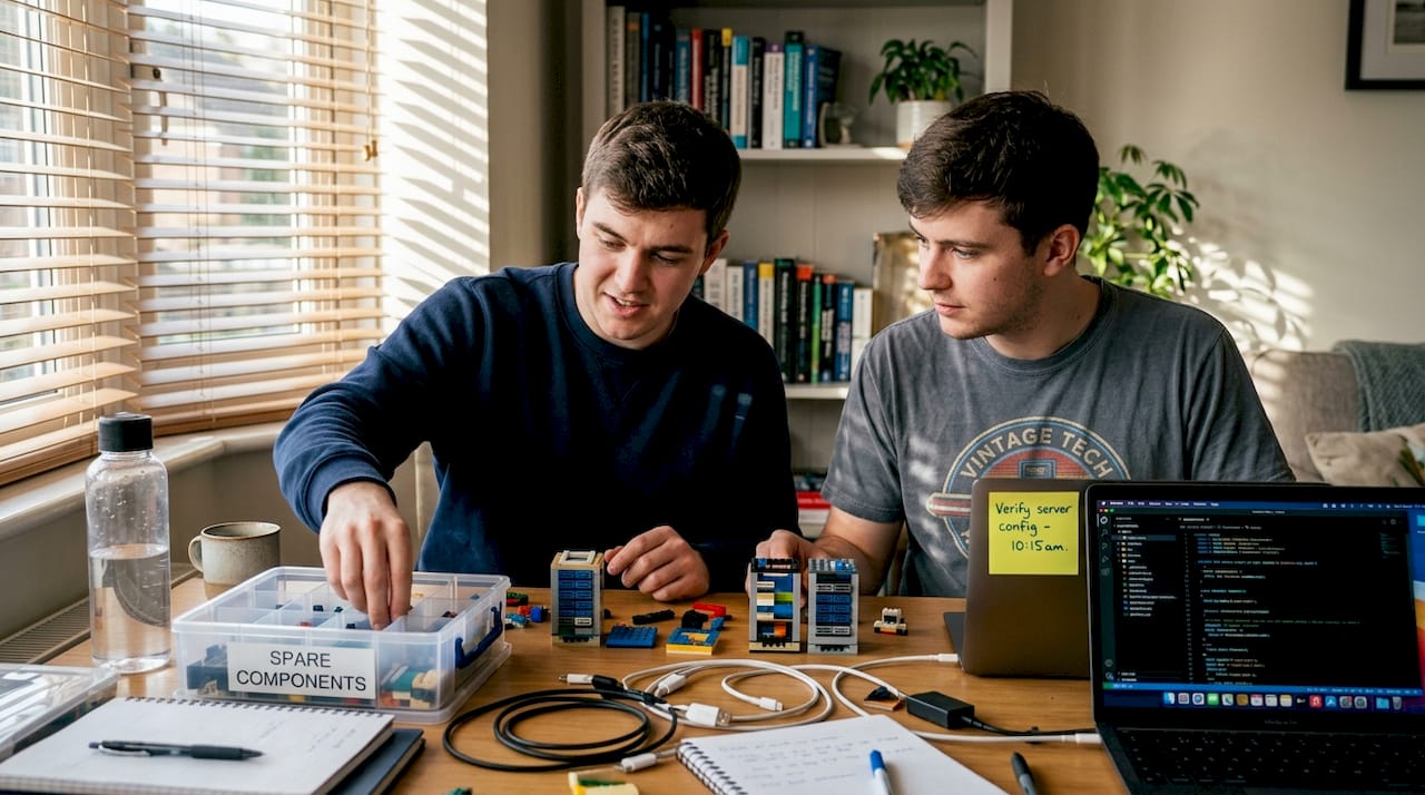 IT engineers assembling modular system mockups