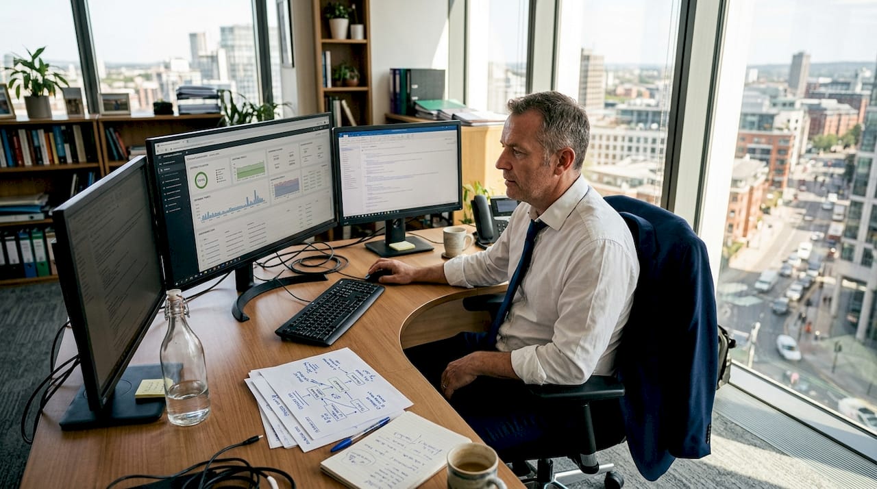 IT director reviews automation dashboard in office
