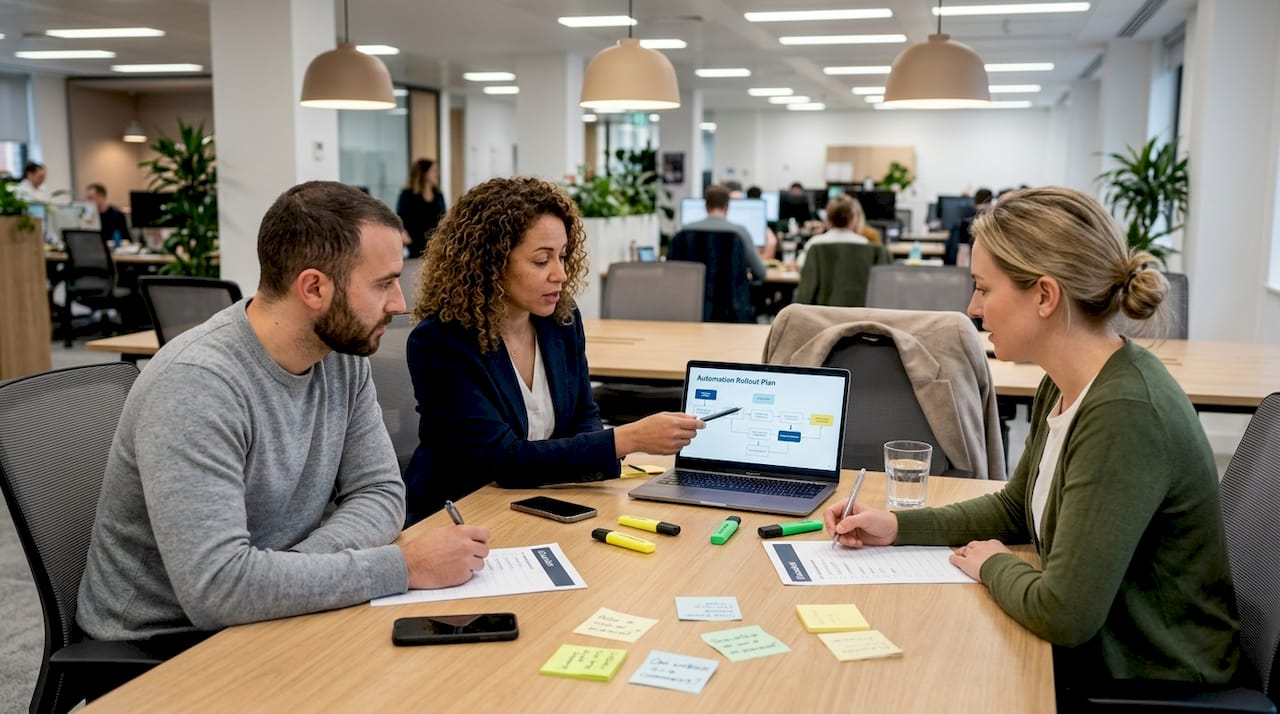 Team discusses automation rollout around table