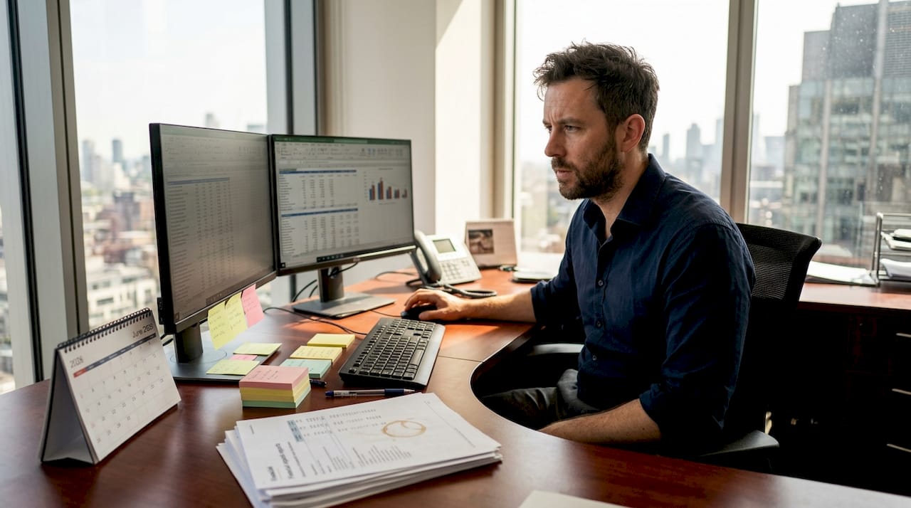 Analyst working at desk with data monitors