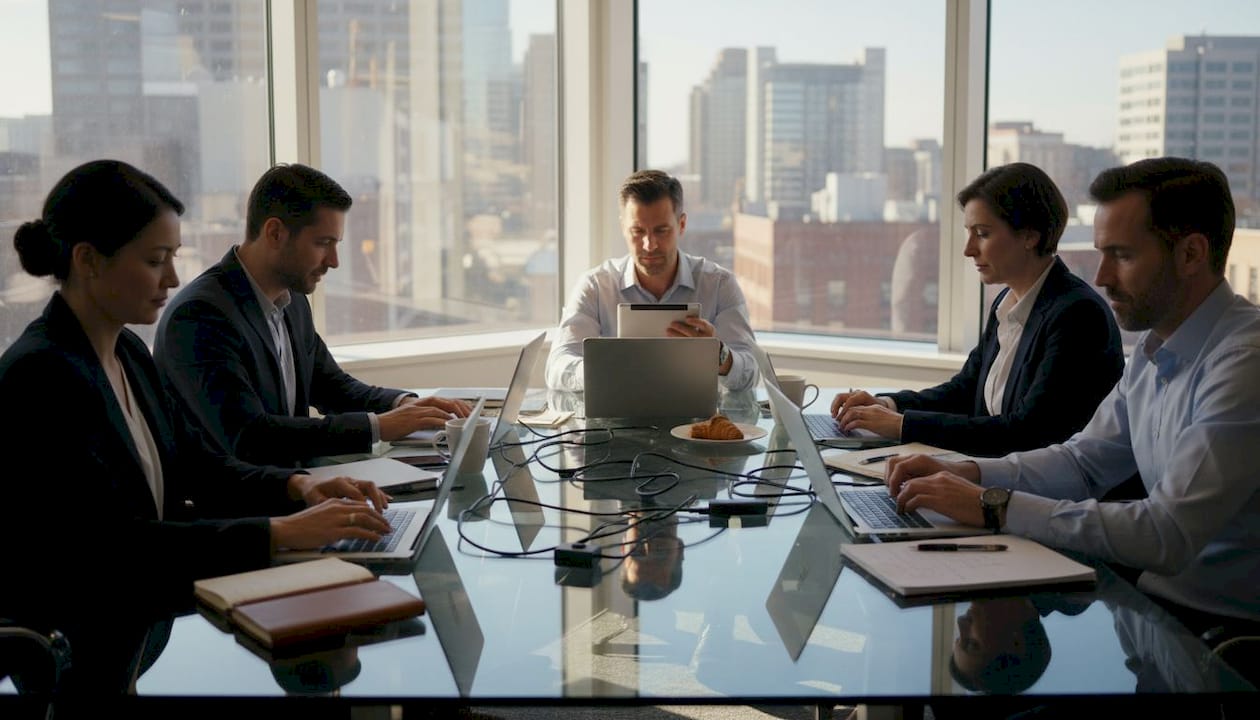 Executives collaborating in city office on laptops