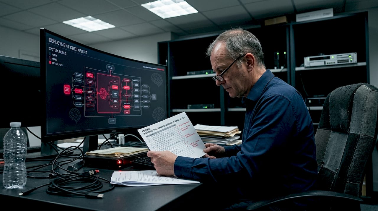 Architect reviewing scalability checklist at desk