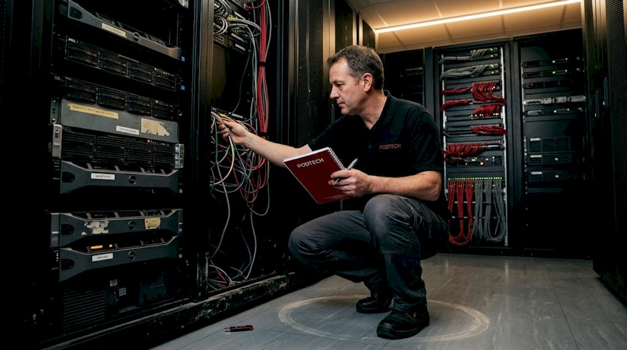 IT technician working among aging servers