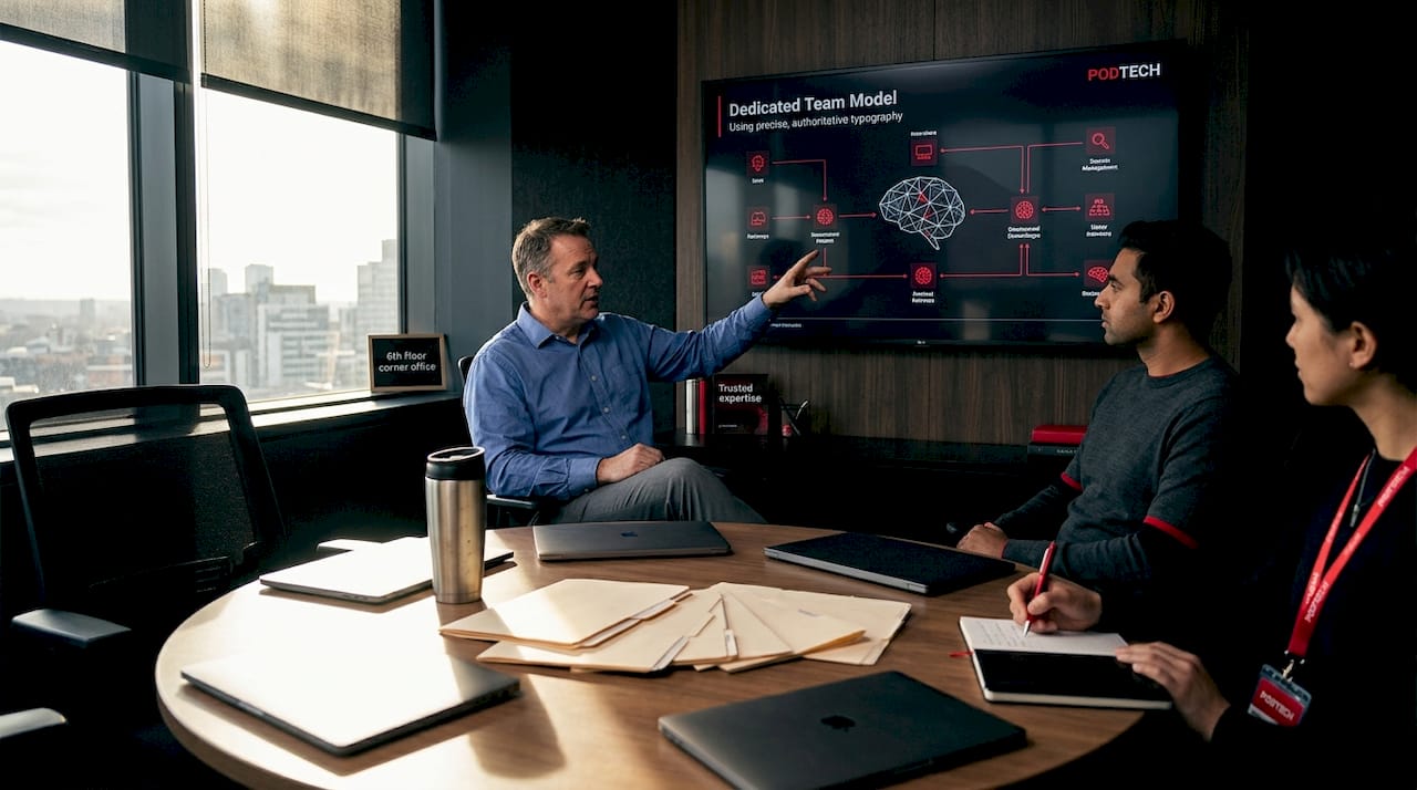 IT manager discussing team model in office