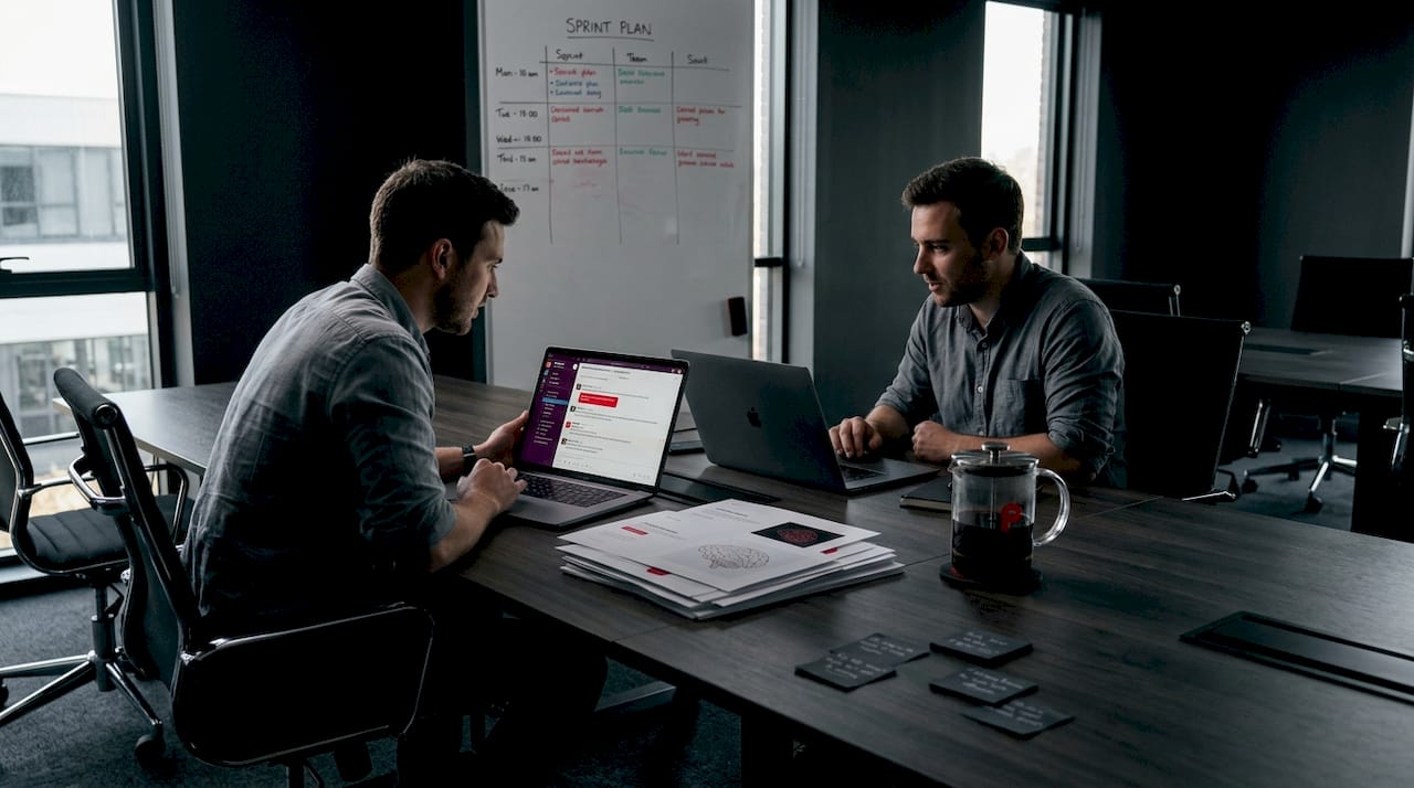 Engineers collaborate in open corporate workspace