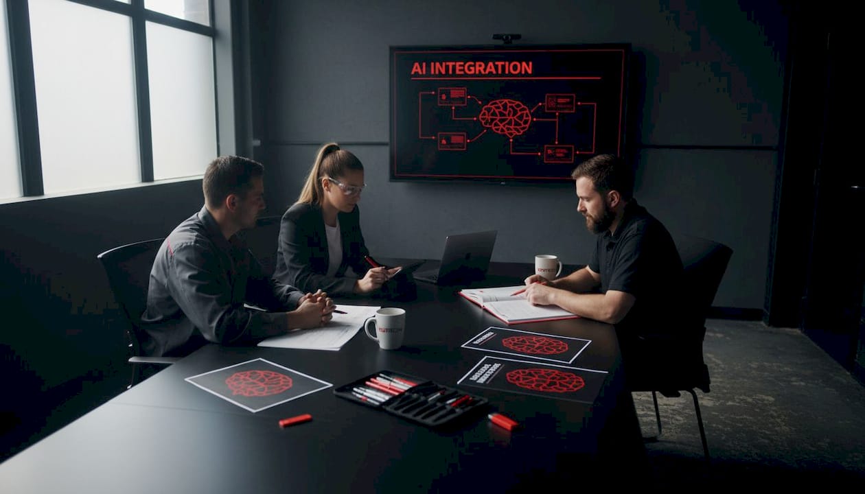 Employees learning AI integration in factory