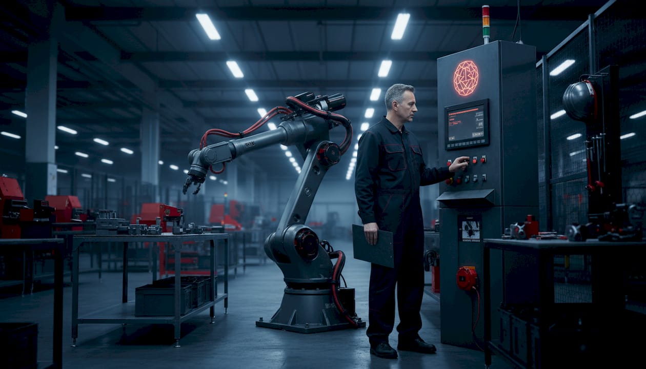 Technician operating industrial robotic arm